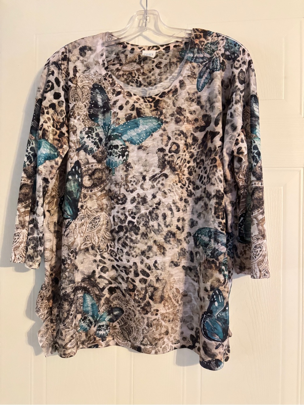 Time and Tru Teal Butterfly Leopard Print Long Sleeve Tunic